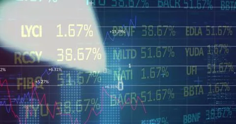 Digital image of statistical and stock market data processing against blue 스톡 일러스트