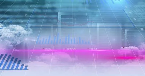 Digital image of statistical data processing over clouds against computer Illustrazione stock