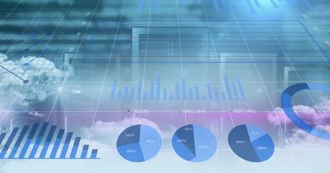 Digital image of statistical data processing over clouds against computer Illustrazione stock