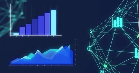 Digital image of statistical data processing and globe of digital icons against 스톡 일러스트