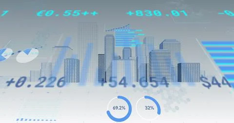 Digital image of statistical data processing over 3d building model against grey Stock Illustration