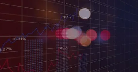 Digital image of statistical data processing over spots of light against Stock Photos