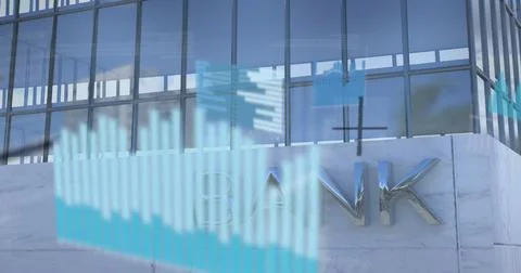 Digital image of statistical data processing over bank building in background Stock Photos