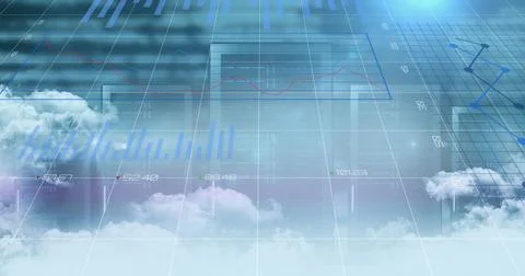 Digital image of statistical data processing over clouds against computer Foto stock