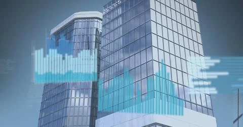 Digital image of statistical data processing against tall buildings Stockfoto's
