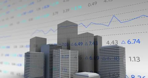 Digital image of stock market data processing over 3d building model against Stock Illustration