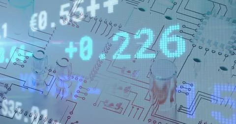 Digital image of stock market data processing against microprocessor connections Stockillustratie