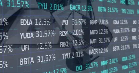 Digital image of stock market data processing against smartphone on table Stock Illustration