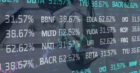 Digital image of stock market data processing against smartphone on table Stock Illustration