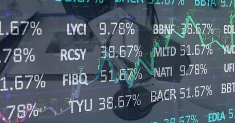 Digital image of stock market data processing against smartphone on table Stock Illustration