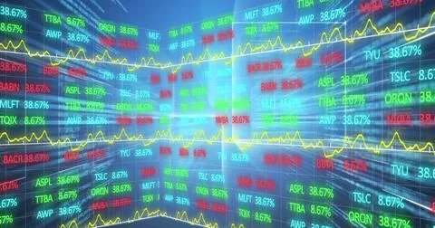 Digital image of stock market data processing against data processing on blue Stock Illustration