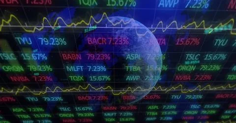 Digital image of stock market data processing against globe and world map on Stock Illustration