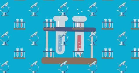 Digital image of test tubes icon against microscope and test tubes icons on blue Illustrazione stock