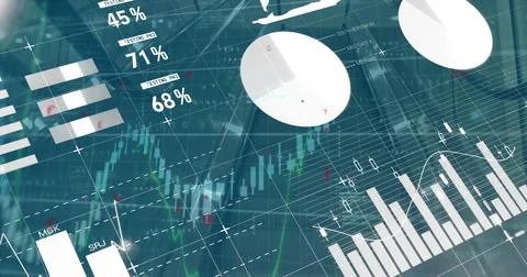 Digital image of various charts moving over grid pattern and programming Stock Illustration