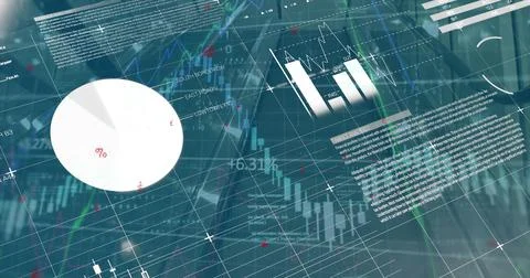 Digital image of various charts moving over grid pattern and programming Illustrazione stock