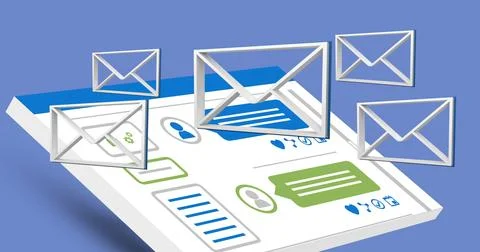 Digital image of white message envelope icons hovering above a white tablet with Stock Photos