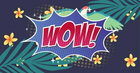 Digital image of wow text on retro speech bubble against exotic bird and floral 스톡 일러스트