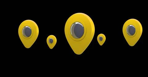 Digital image of yellow map pins moving in the screen against a black background 写真素材