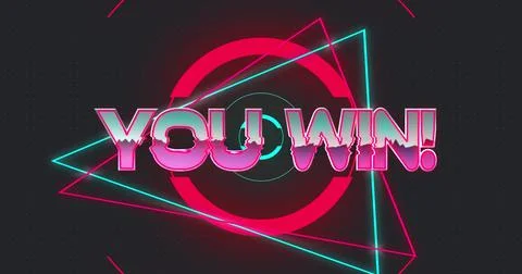 Digital image of you win text on neon geometrical shapes against scope scanning Stock Illustration