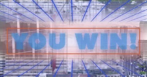 Digital image of you win text banner over grid network against aerial view of Stock Photos