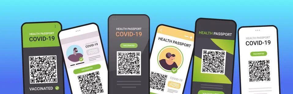 Digital immunity passports with qr code on smartphone screens risk free covid-19 Ilustración de archivo