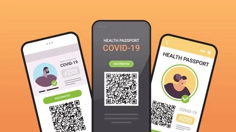 Digital immunity passports with qr code on smartphone screens risk free covid-19 Ilustración de archivo