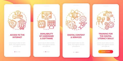 Digital inclusion components red onboarding mobile app page screen with concepts Stock Illustration