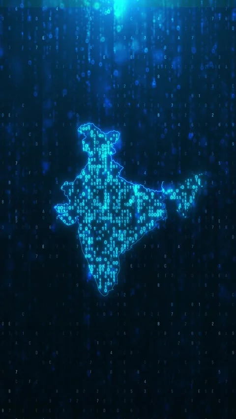 Digital India map binary background glowing cyan outline, falling code, and dark Stock Footage 340525599