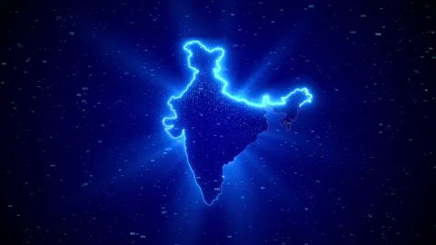 Digital India map glowing blue outline, floating numeric data, and deep space. f Stock Footage 340453110