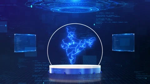 Digital India map stage glowing outline, code screens, virtual grid floor Stock Footage 333978590