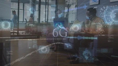 Digital infographic with 6g, globe and coding over multiracial coworkers in Stock Footage 326424123