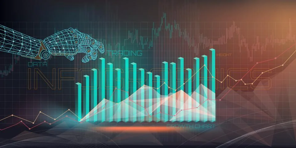 Digital infographic on the topic of trading technologies with a robot hand. Stock Illustration