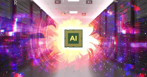 Digital information flow through central AI chip processor. Stock Footage 332429020