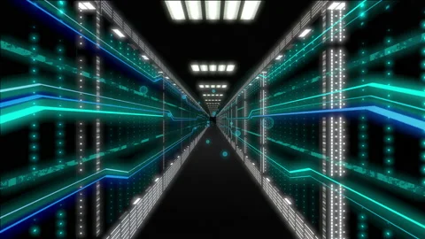 Digital information flows through network and data servers behind mesh panels in Stock-Footage 150155354
