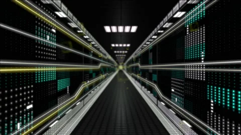 Digital information flows through network and data servers behind mesh panels in Stock Footage 150452140