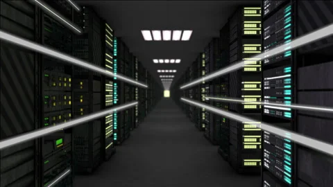 Digital information flows through network and data servers behind mesh panels in Stock Footage 152723692