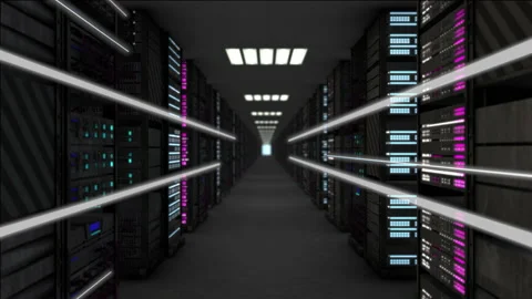 Digital information flows through network and data servers behind mesh panels in Stock Footage 152724151