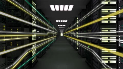 Digital information flows through network and data servers behind mesh panels in Stock Footage 152725098