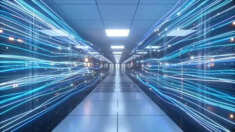 Digital information flows through the network and data servers behind glass p Stock Illustration