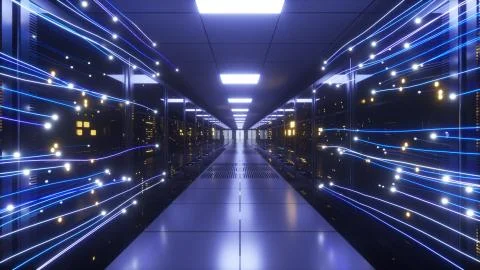 Digital information flows through the network and data servers behind glass p 스톡 일러스트