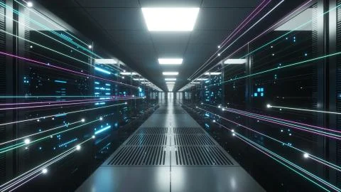 Digital information flows through the network and data servers behind glass p 스톡 일러스트