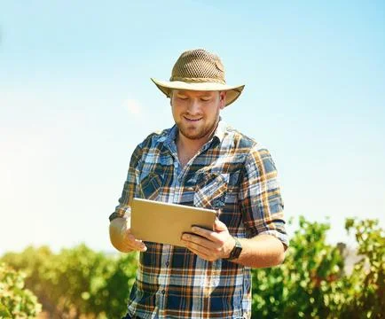 Digital information helped me to optimize my harvest yields. a farmer using a Stock Photos