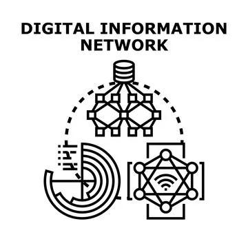 Digital information network connecting data processing and analysis Stock Illustration