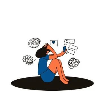Digital information overload. Young female person sitting on the floor with m Stock Illustration