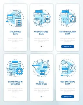 Digital information types blue onboarding mobile app screen set Stockillustratie