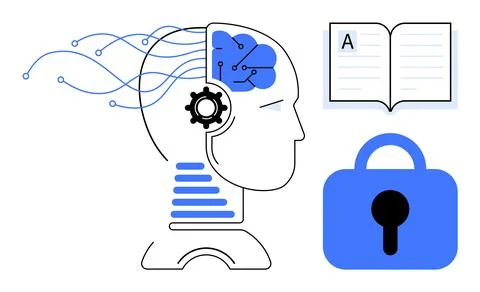 Digital Innovation Brain with Data Flow, Open Book, and Security Lock Concept Stock Illustration