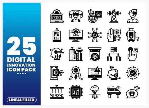 Digital innovation concept icons set featuring technology symbols on a blue.. Stock Illustration