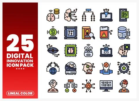 Digital innovation icon pack featuring technology and AI symbols on a white.. Stock Illustration