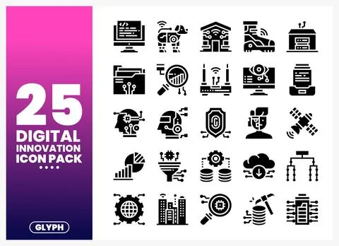 Digital innovation icon pack featuring technology and data symbols on a gra.. Stock Illustration