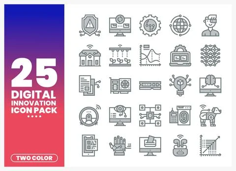 Digital innovation icon pack featuring technology and AI symbols on white b.. Stock Illustration